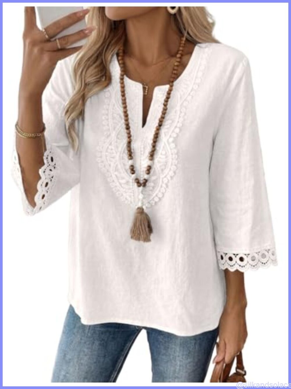 EVALESS Womens 3/4 Sleeve Boho Lace Notched V-Neck Loose Fit Top Blouse